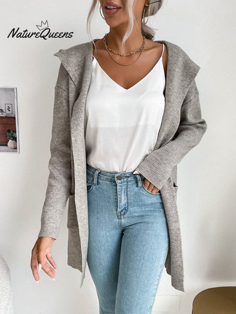 Autumn and Winter Women's Hooded Pit Knitted Sweater Cardigan Jacket