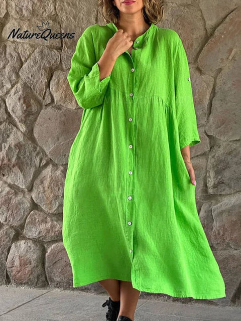 Cotton And Linen Casual Stand - Up Collar Button - Down Dress Green / S