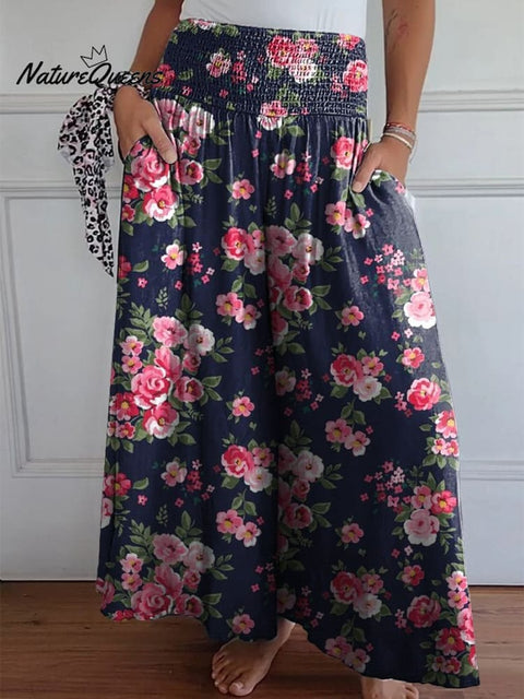 Lovely Retro Rose Pattern Printed Women's Cotton Wide Leg Pants