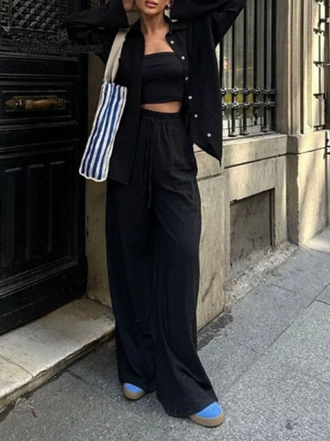 Women's Casual cotton and linen solid color shirt drawstring wide leg pants suit