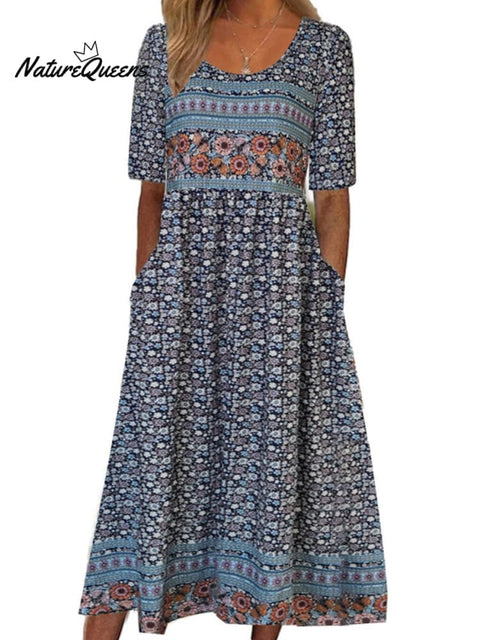 Boho Floral Print Loose Flowy Long Dresses