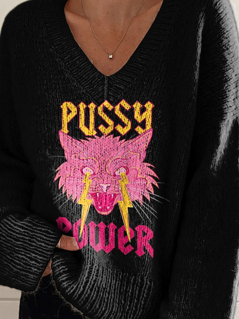 "Pussy Power" Girl Power Inspired Graphic Printed Women's Casual V-Neck Pullover Knit