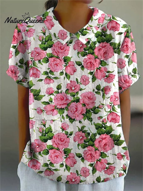 Pink French Rose Pattern Printed Women's Casual Cotton And Linen Shirt