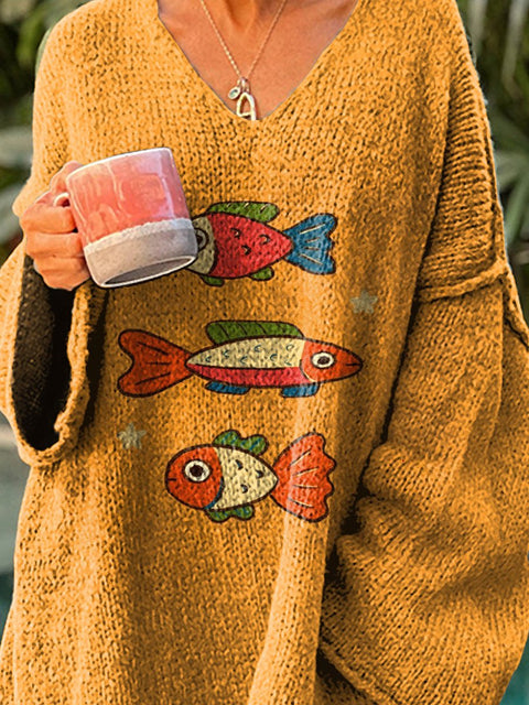 Cartoon Fish Graphic Printed Women's Casual Pullover Sweater