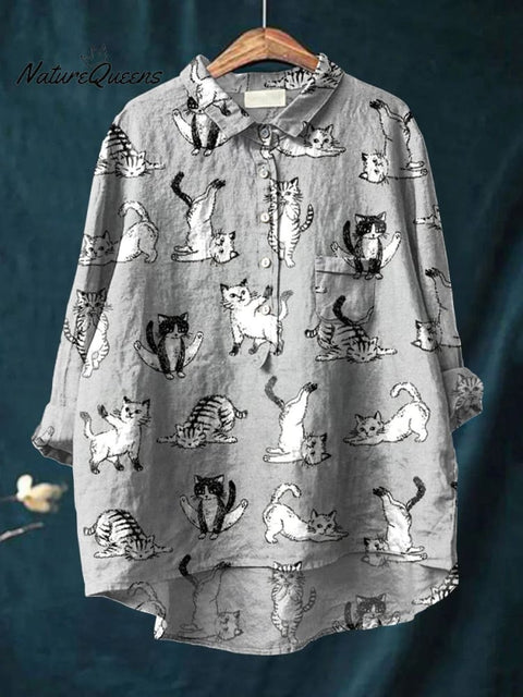 Yoga Cat Art Printed Women's Casual Cotton And Linen Shirt