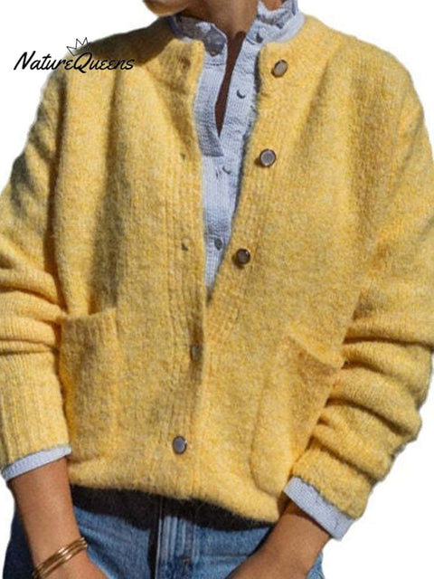 Women's Solid Color Round Neck Loose Thickened Cardigan