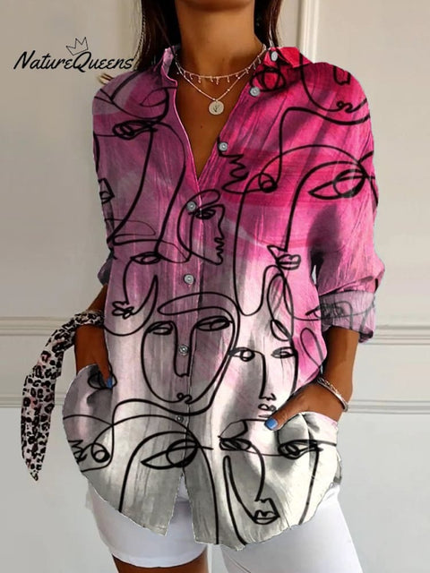 Abstract Geometric Portrait Pattern Printed Women's Casual Cotton Shirt