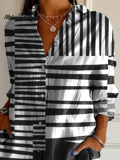 Black And White Irregular Strip Pattern Printed Women's Casual Cotton Shirt