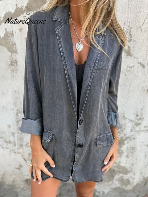 Women's Solid Color Loose Long Sleeve Denim Jacket