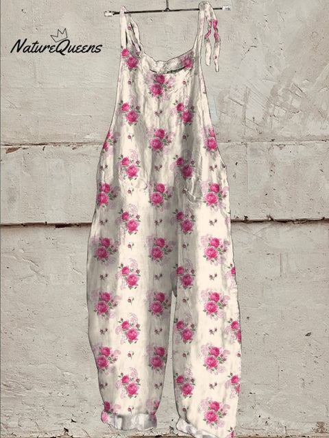 Watercolor French Rose Repeat Pattern Printed Women's Casual 100% Cotton Wide Leg Jumpsuit