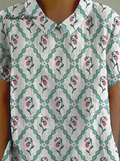 Retro Style Strawberry Pattern Printed Women's Casual Cotton And Linen Shirt