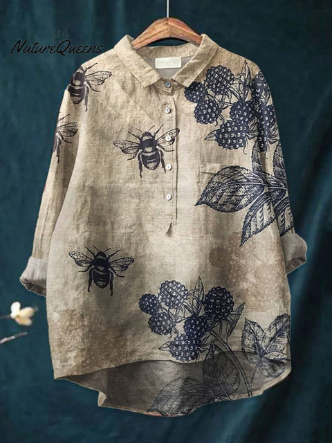 Bee  Art  Print Casual Cotton And Linen Shirt