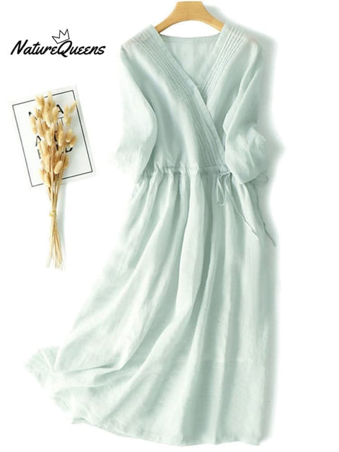 Cotton And Linen V-Neck Three-Quarter Sleeves Loose Solid Color Waist A-Line Dress