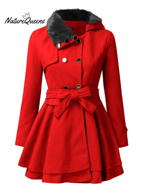 Women's Dress Jacket Trench Fur Collar Winter Long Peacoat Coat Outwear