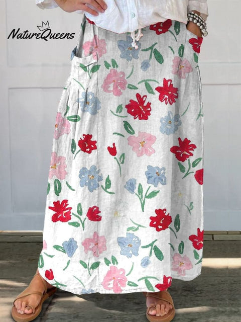 Crayon Drawing Style Floral Pattern Printed Women's Linen Pocket Skirt