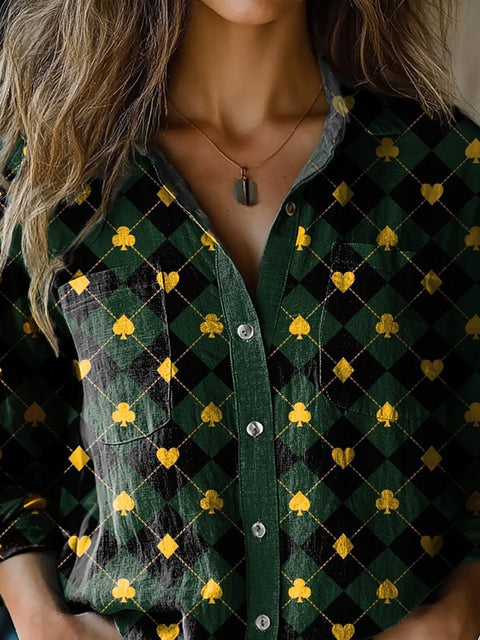 Geometric Poker Card Pattern Printed Women's Casual Long Sleeve Comfortable Cotton Shirt