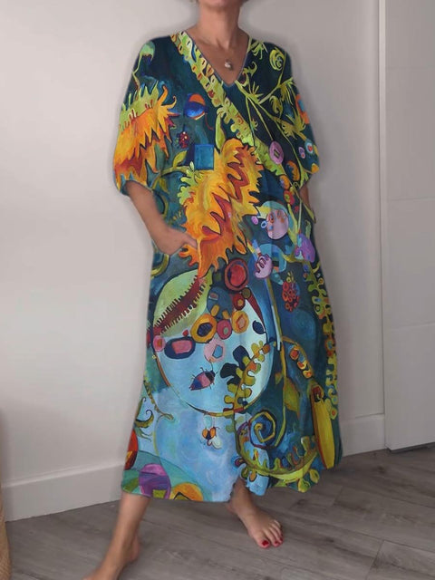 Weird Painting Art Sunflower Decorative Pattern Pocket V-neck Cotton Dress