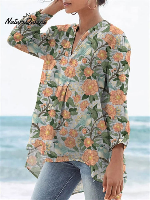Birds And Spring Floral Bush Pattern Printed Women's Casual Linen V-neck Shirt