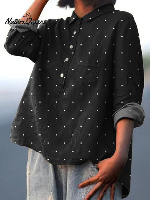 Polka Dot Pattern Printed Women's Casual Cotton And Linen Shirt