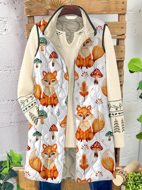 Women's Funny Fox Art Print Casual Quilted  Sleeveless Coat