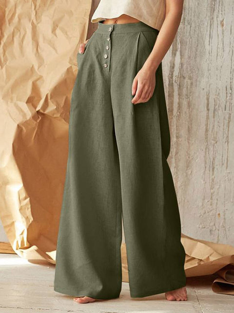 Women's Solid Color High Waist Casual Buttoned Cotton and Linen Wide Leg Pants