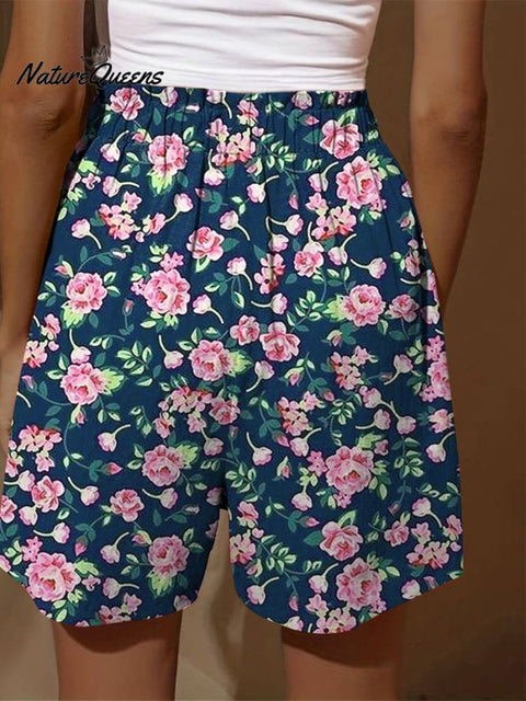 Pink French Rose Pattern Printed Women's Casual Tiered Palazzo Pants