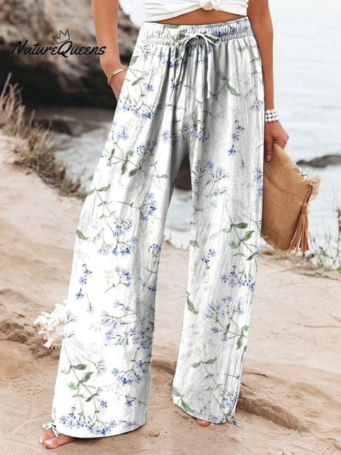 Women's Blue Floral Print On White Background Print Cotton And Linen Casual Pants