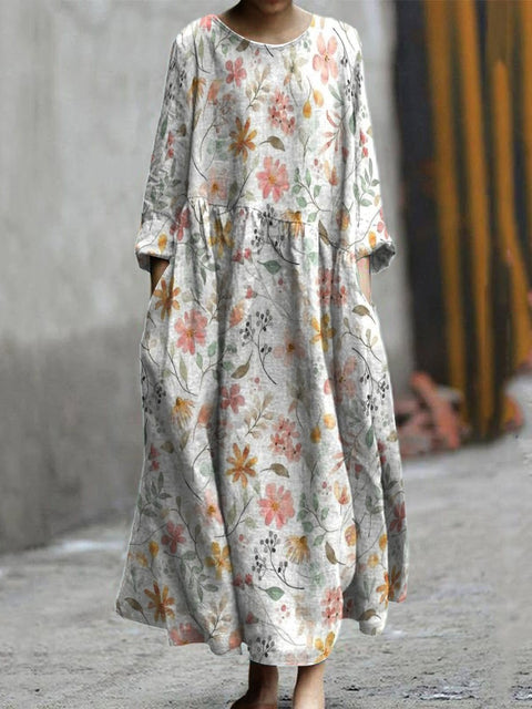 Pink Floral Decorative Pattern Pocket Cotton Dress