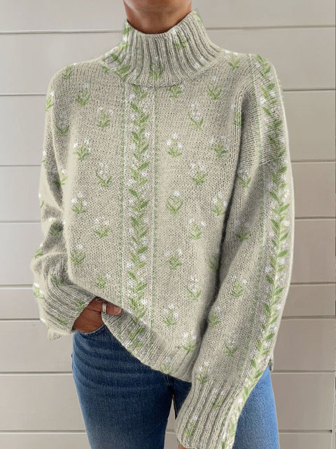 White Small Flower Vertical Stripe Decorative Pattern Knit Turtleneck Pullover Sweater