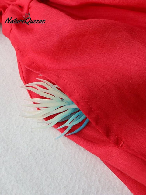 Medium Sleeved Cotton Linen Loose Lace Up Pleated Large Swing Dress