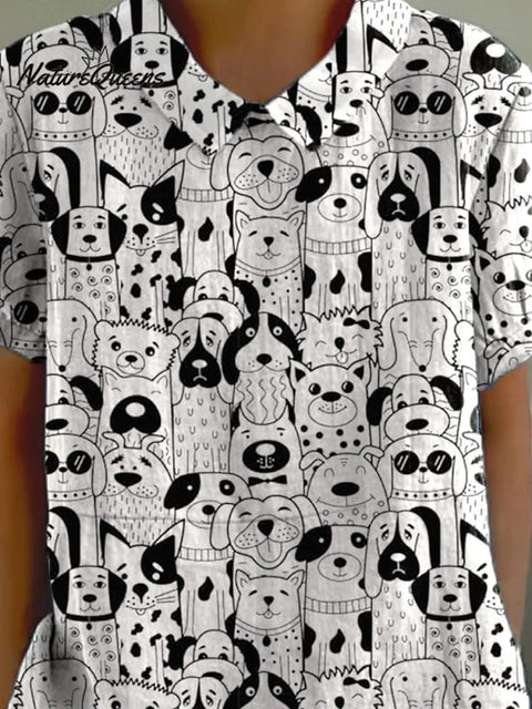 Doodle Puppy Dogs Repeat Pattern Printed Women's Casual Cotton And Linen Shirt
