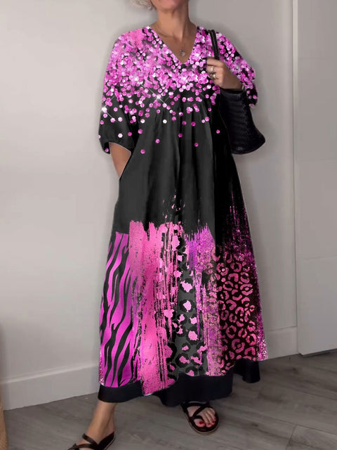 Women's Pink  Art Print Pocket V-neck Cotton Dress