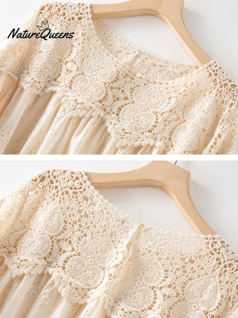 Literary Embroidered Chain Link Hollow Lace Dress