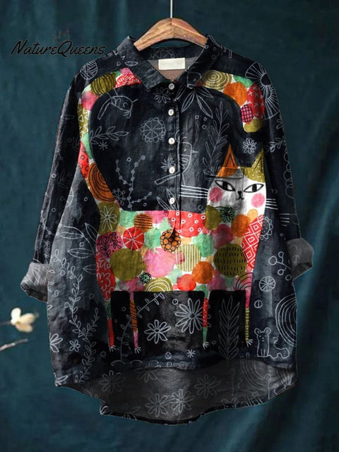 Women's Cat  Art Print Casual Cotton And Linen Shirt