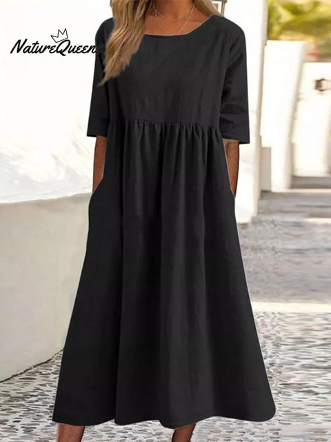 5 - Quarter Sleeve Casual Loose Solid Color Cotton And Linen Dress Black / S