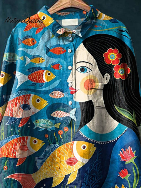 Beauty And The Fishes Art Printed Women's Casual Cotton And Linen Shirt