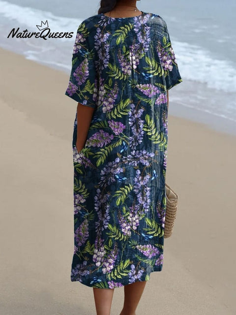 Midnight Purple Sage Floral Pattern Printed Women's Flowy Dress