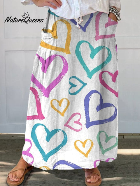 Lovely Line Drawing Hearts Pattern Printed Women's Linen Pocket Skirt