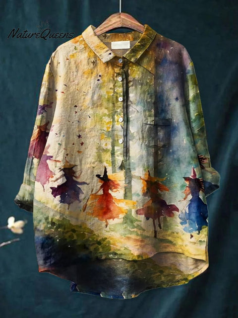 Women's Halloween  Witch  Art Print Casual Cotton And Linen Shirt