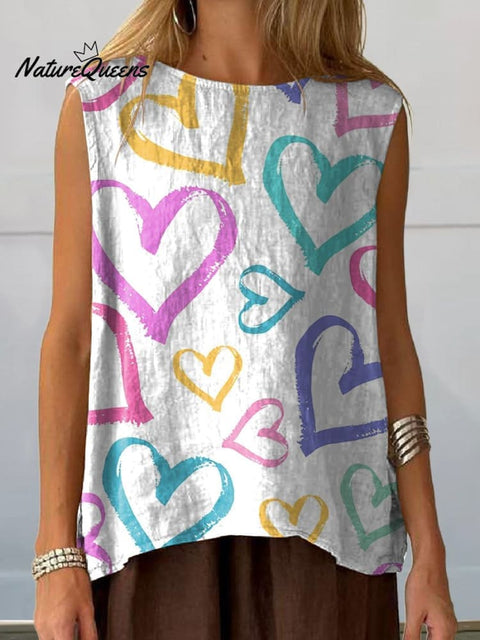 Lovely Line Drawing Hearts Pattern Printed Women's Casual  Cotton And Linen Tank Top