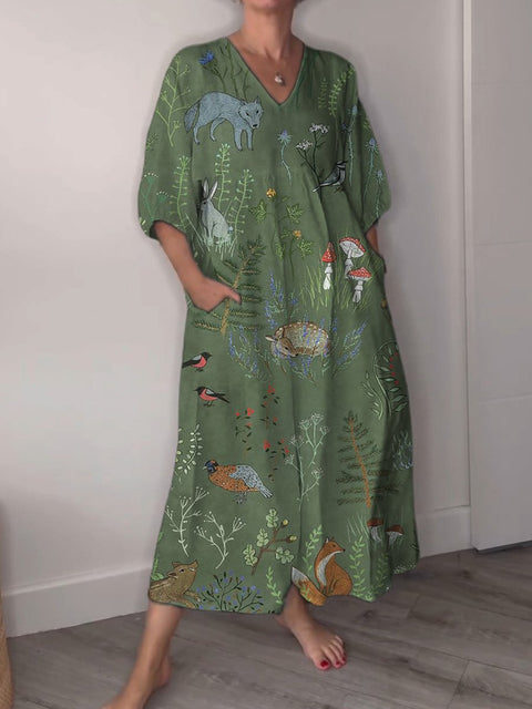 Woodland And Animal Pattern Printed Women's Pocket V-Neck Cotton Dress