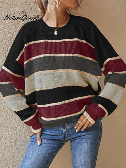 Autumn and Winter Crew Neck Sweater, Lazy and Loose, Classic Striped Long-sleeved Sweater Top