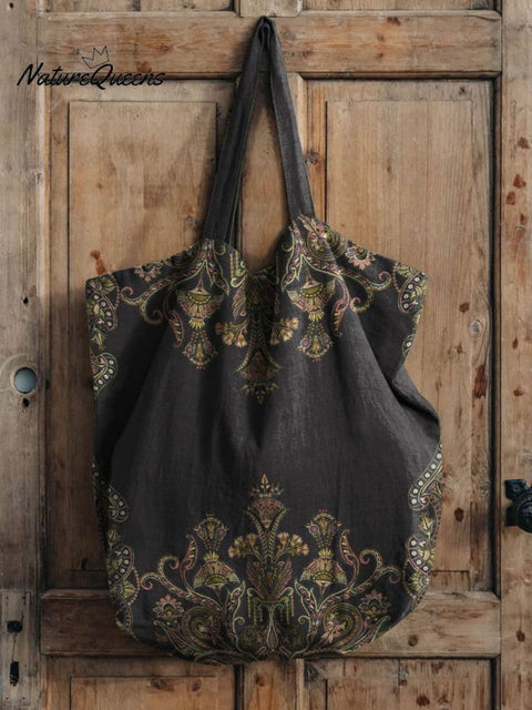 Symmetrical Paisley Plant Pattern Linen Tote Bag