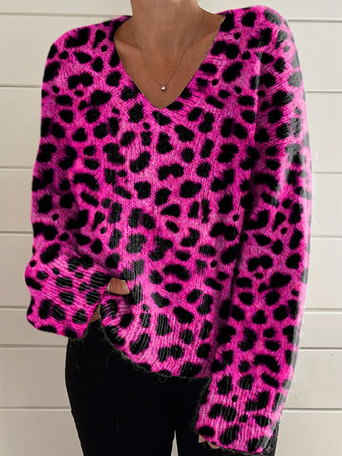 Black And Pink Hot Leopard Print Pattern Printed Women's Casual V-Neck Pullover Knit