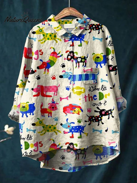 Women's  Dog  Art Print Casual Cotton And Linen Shirt