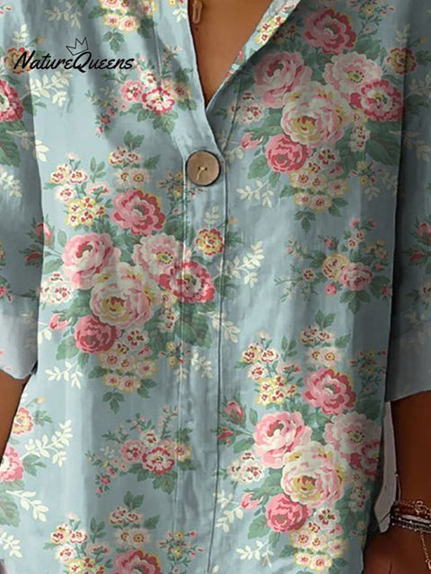 Retro Style Ditsy Rose Pattern Printed Women's Casual Cotton Linen Shirt