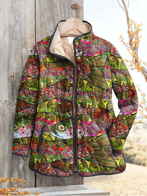 Red Toned Fish Decorative Pattern Casual Quilted Cardigan