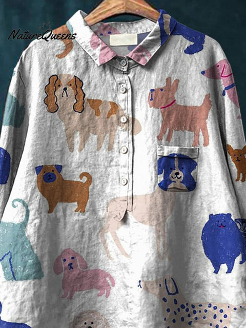 Lovely Puppy Dog Pattern Printed Women's Casual Cotton And Linen Shirt