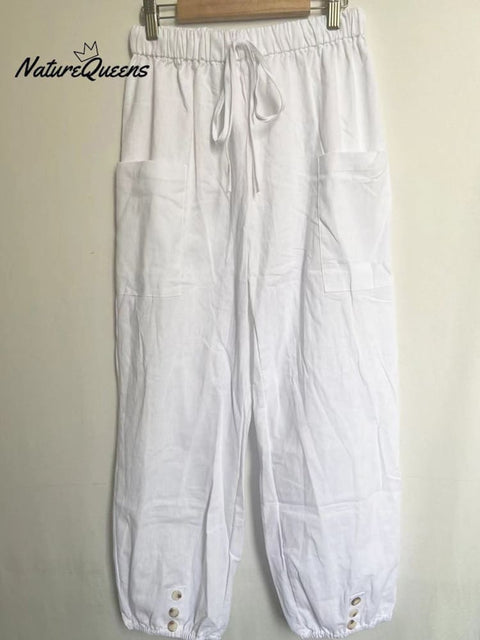 High - Waisted Buttoned Cotton And Linen Pants Cropped White / S