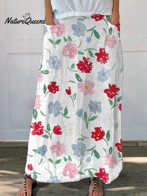 Crayon Drawing Style Floral Pattern Printed Women's Linen Pocket Skirt